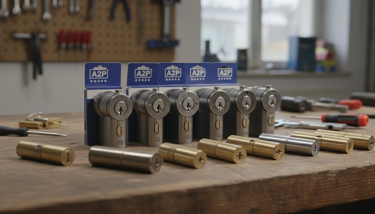 Différents modèles de barillets de porte alignés sur un plan de travail de serrurier