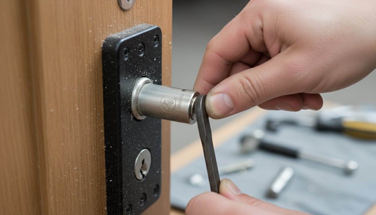 Serrurier en train de remplacer un barillet de porte d'entrée avec un nouveau cylindre A2P