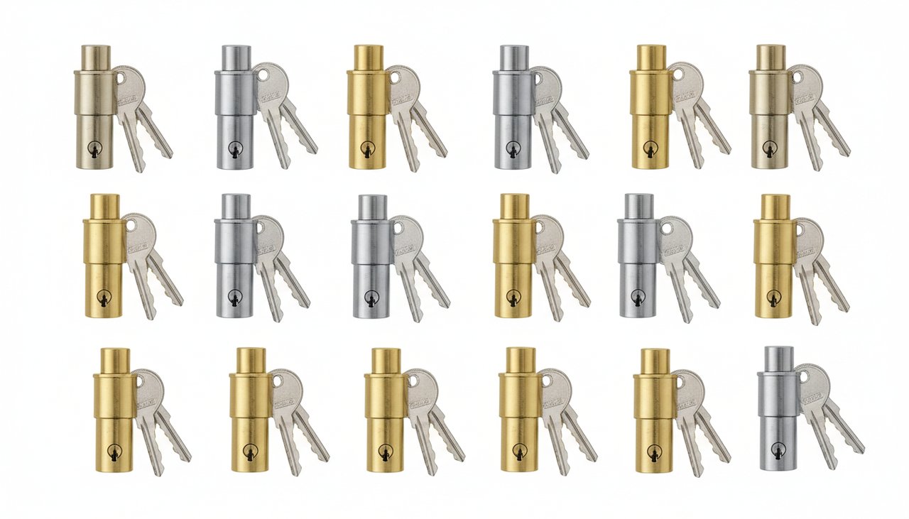Vue d'ensemble de barillets neufs prêts à être installés alignés avec leurs clés associées