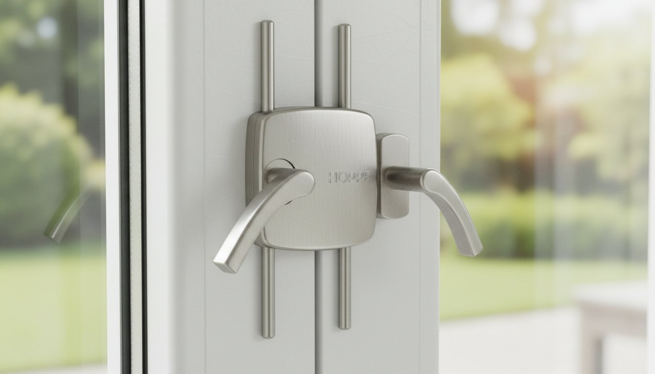 Vue détaillée d'une crémone encastrée avec tringles de verrouillage visibles sur fenêtre en PVC