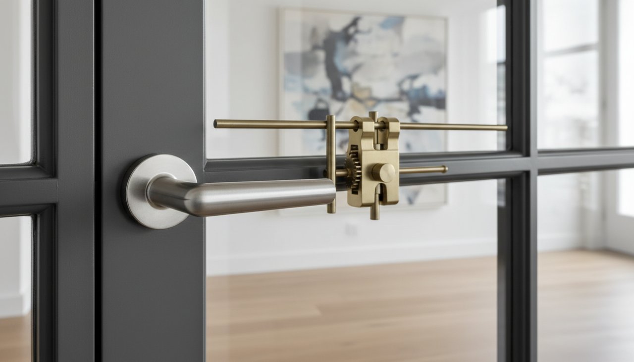 Poignée de crémone argentée sur porte fenêtre en aluminium avec mécanisme visible en arrière-plan