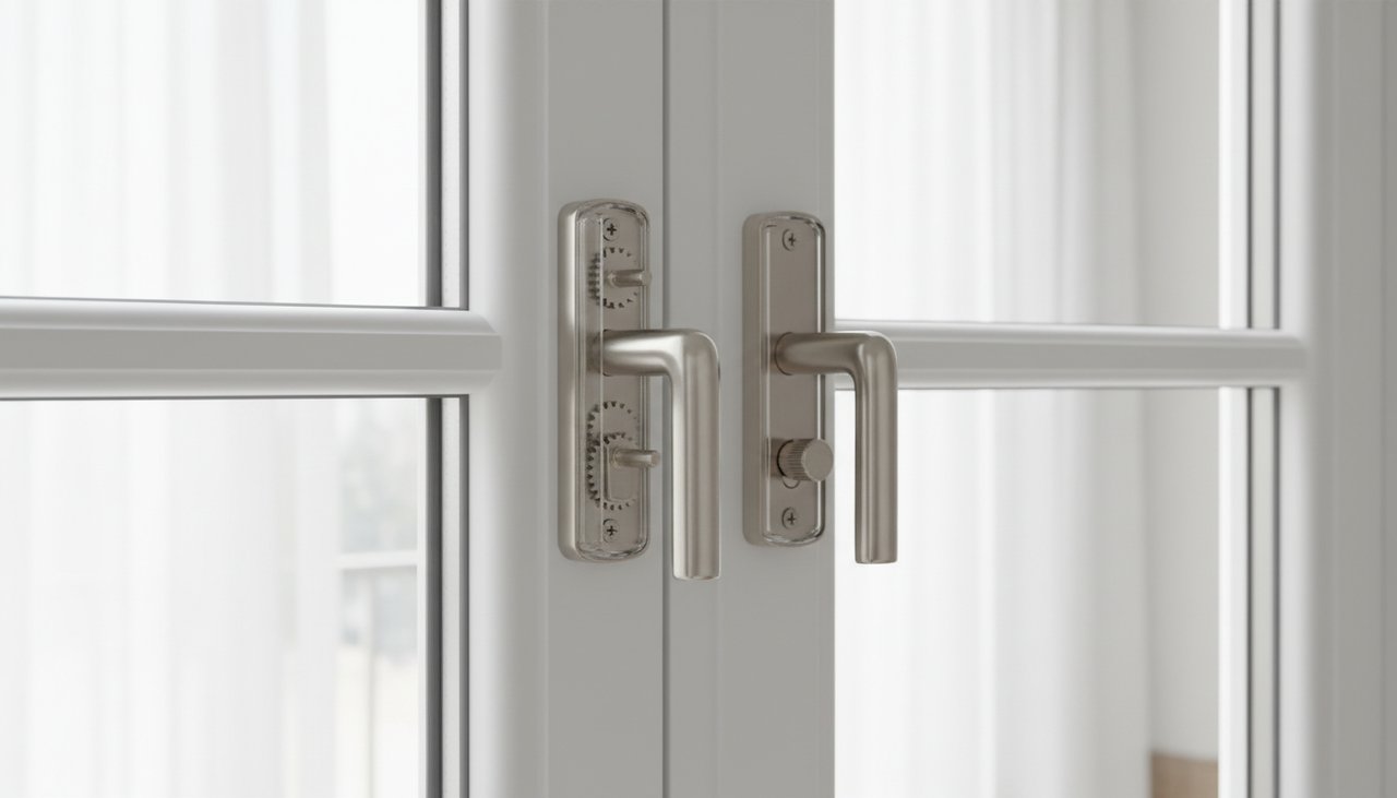 Crémone encastrée moderne sur porte fenêtre blanche en PVC en position verrouillée