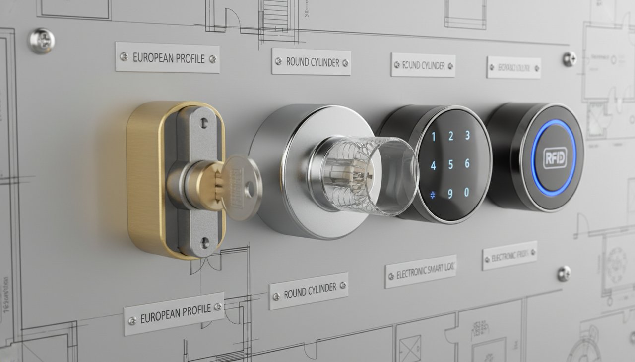 Cylindres de serrure de différents types alignés : européen, rond, électronique sur un établi de serrurier