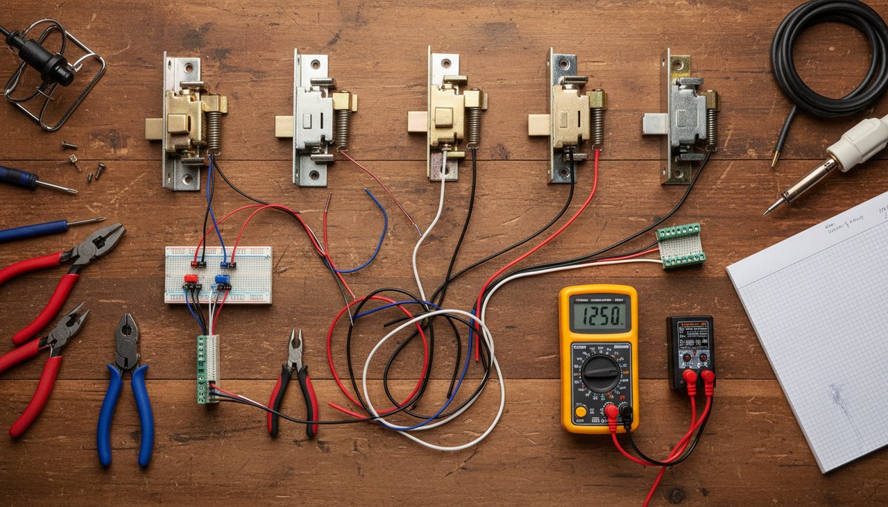 Établi d'électricien avec plusieurs gâches électriques alignées câblage outils et testeur multimètre sur une table de travail