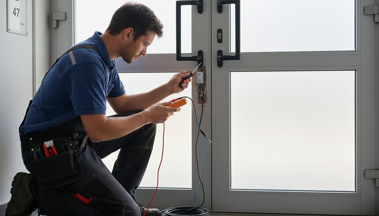 Serrurier électricien qualifié installant une gâche électrique sur le chambranle d'une porte d'entrée d'immeuble avec tournevis cruciforme et testeur électrique