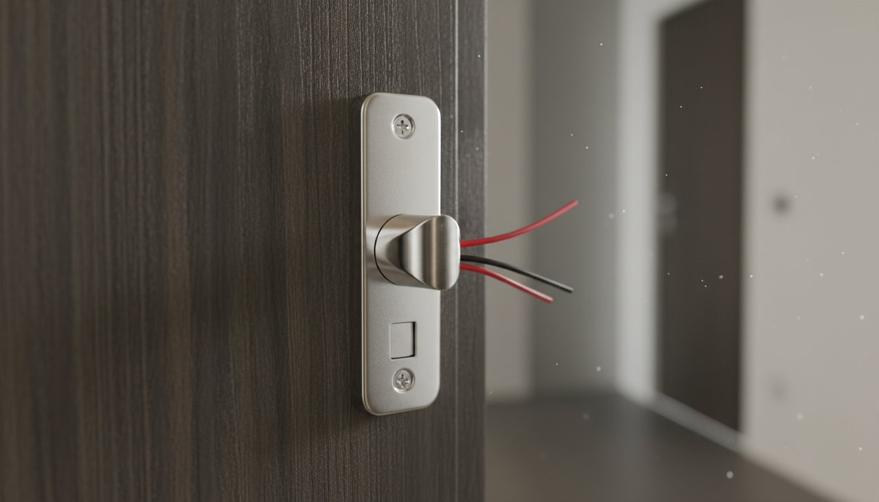 Gros plan d'une gâche électrique en acier chromé installée sur un chambranle de porte en bois avec câbles électriques visibles sur le côté