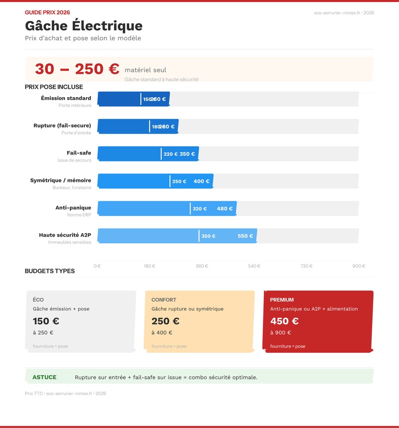Infographie comparative des prix des gâches électriques selon le type et l'usage en 2026