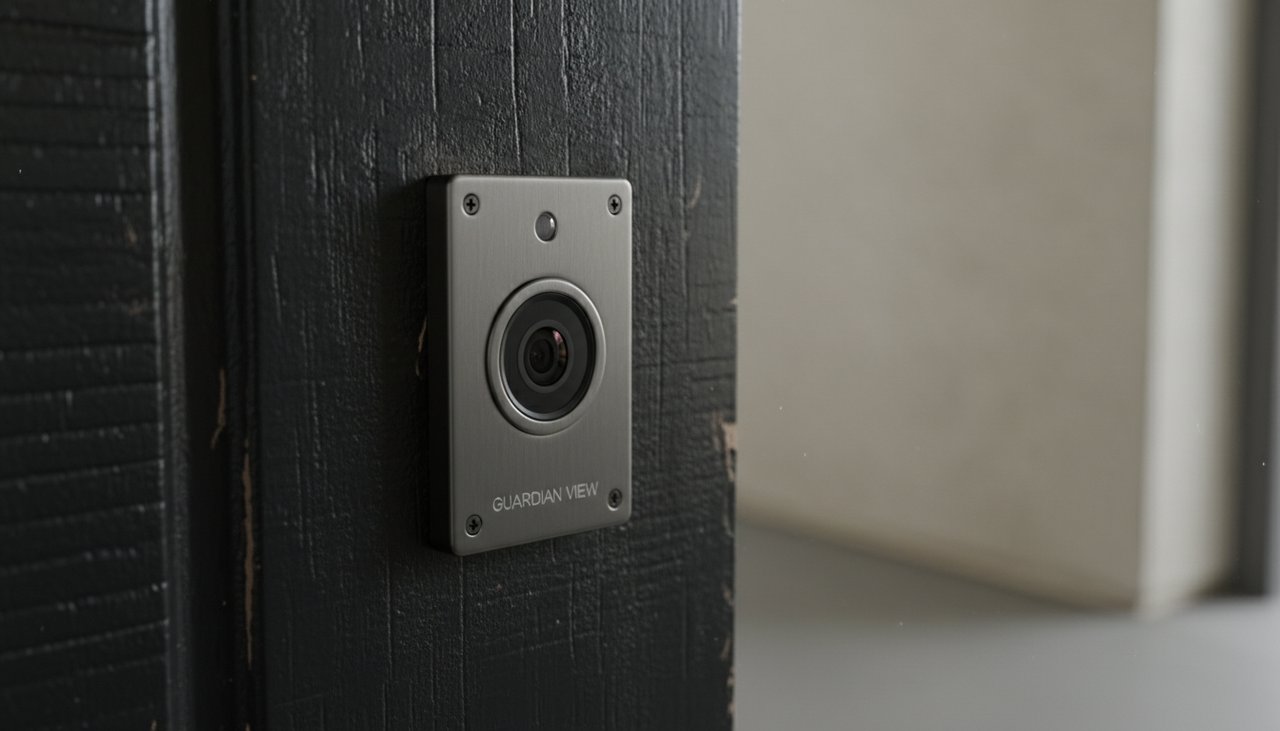 Vue exterieure d'une porte d'entree avec mini-camera judas numerique discrete