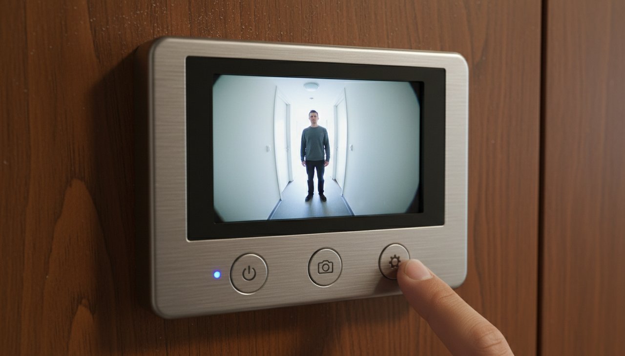 Detail d'un judas numerique cote interieur avec ecran LCD et boutons de commande