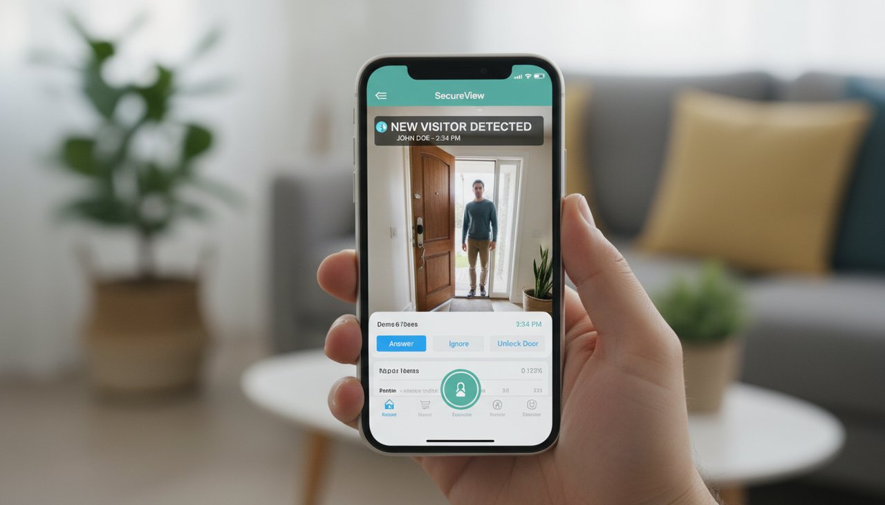 Smartphone affichant l'application d'un judas connecte avec notification visiteur