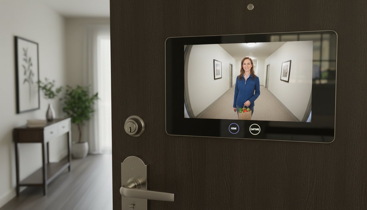 Judas numerique de porte avec ecran LCD couleur affichant un visiteur sur le palier