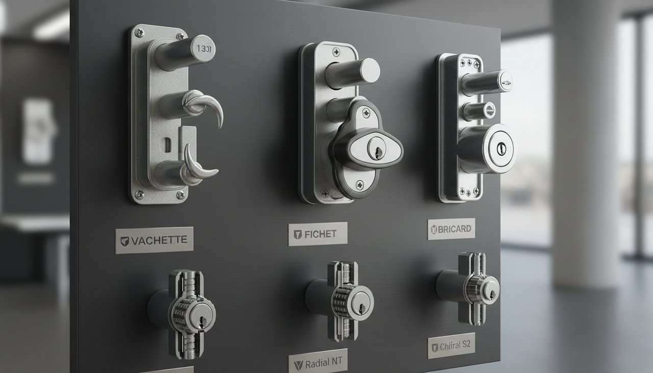 Différents modèles de serrures 3 points encastrées des marques Fichet, Vachette et Bricard
