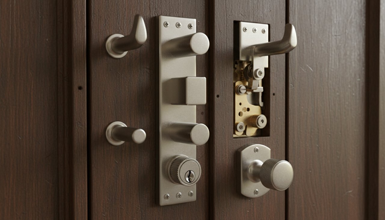 Serrure 3 points encastrée dans une porte d'entrée, mécanisme visible avec pênes latéraux