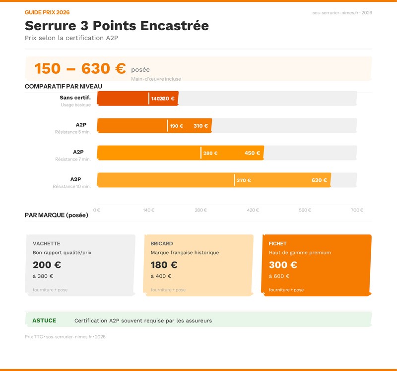 Infographie comparatif prix serrures 3 points encastrées selon les marques et certifications