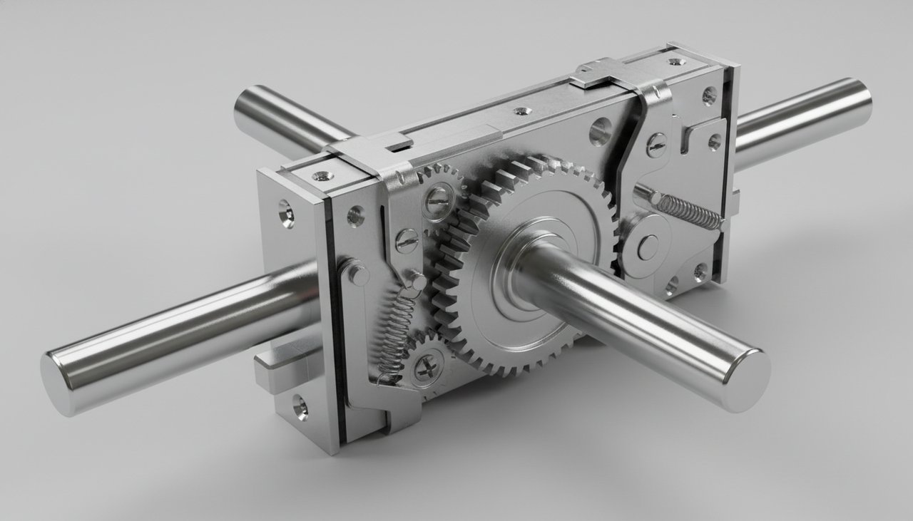 Mécanisme intérieur d'une serrure 3 points avec les trois pênes visibles