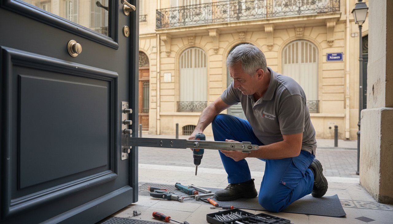 Serrurier en train d'installer une serrure 3 points sur une porte d'entrée blindée