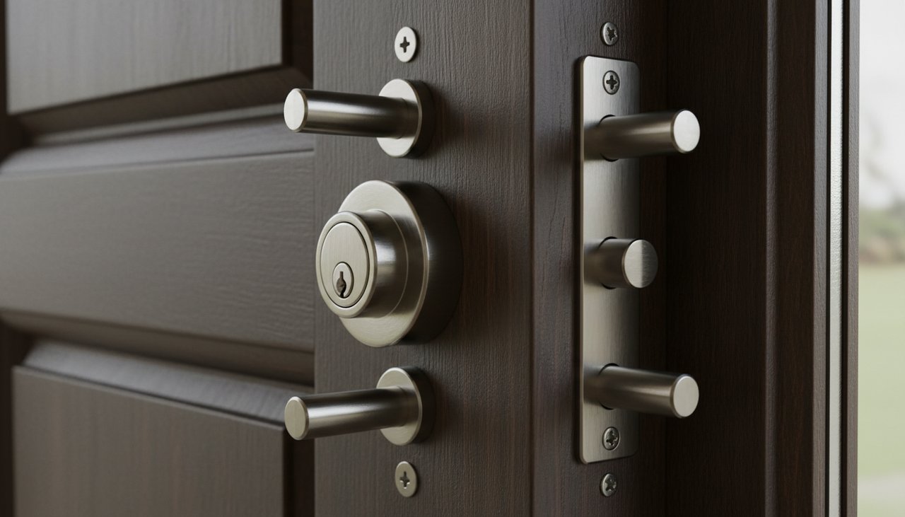 Serrure 3 points encastrée sur une porte d'entrée en bois avec cylindre haute sécurité