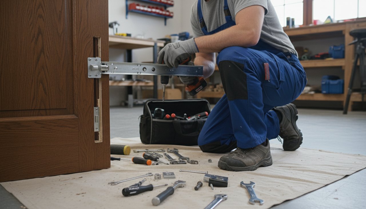 Serrurier professionnel installant une serrure multipoints sur porte d'entrée