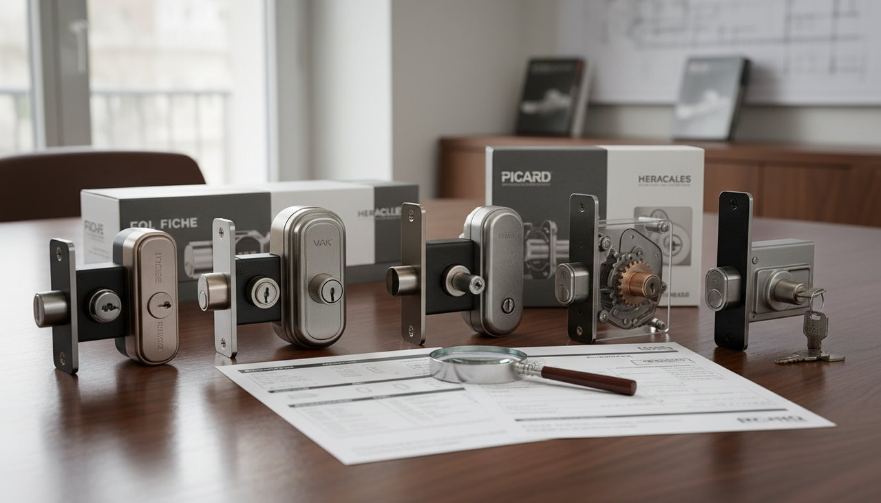 Comparatif serrures 5 points de différentes marques : Fichet, Mul-T-Lock, Bricard disposées sur table