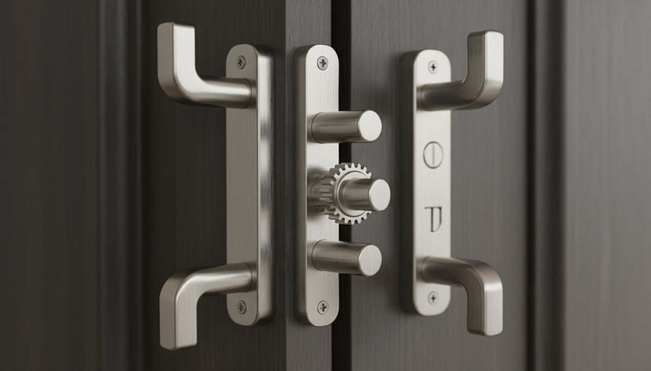 Gros plan sur les 5 points de verrouillage d'une serrure multipoints en acier inoxydable