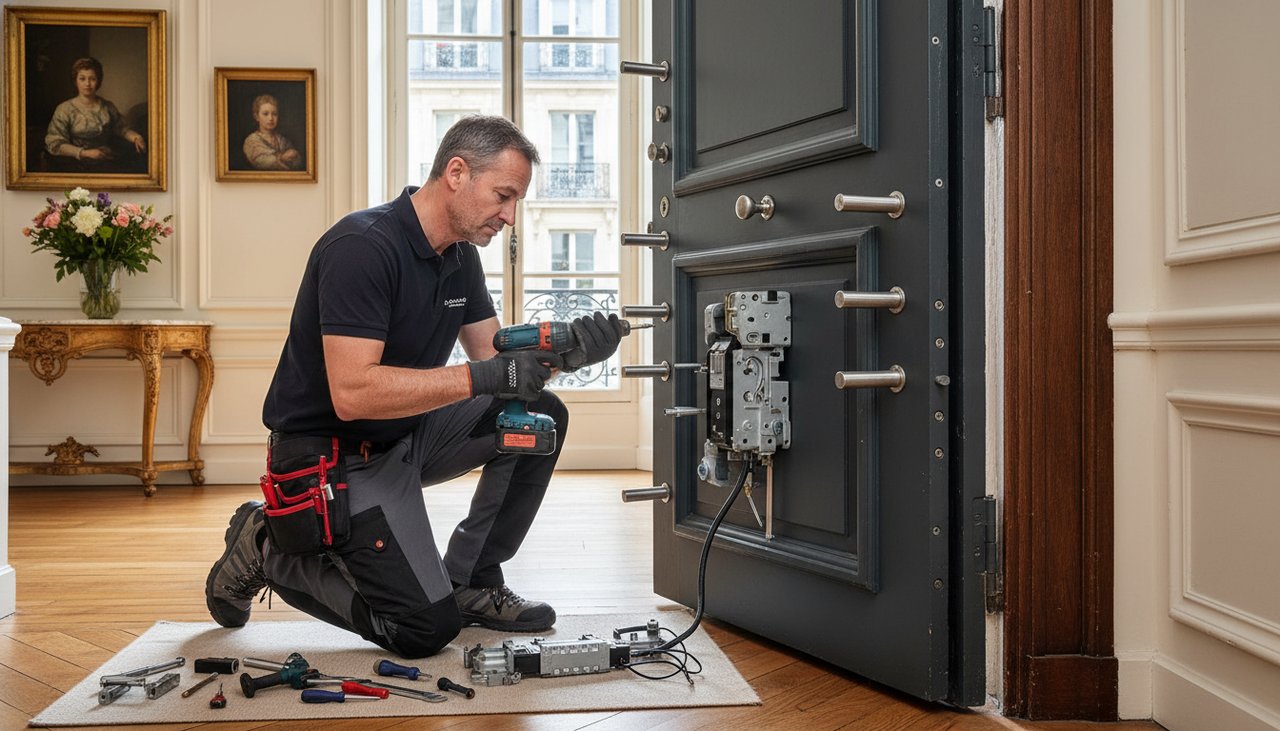 Serrurier professionnel installant une serrure multipoints sur une porte d'entrée blindée, outils en main