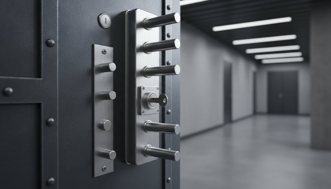 Serrure multipoints 5 points sur porte d'entrée blindée en acier