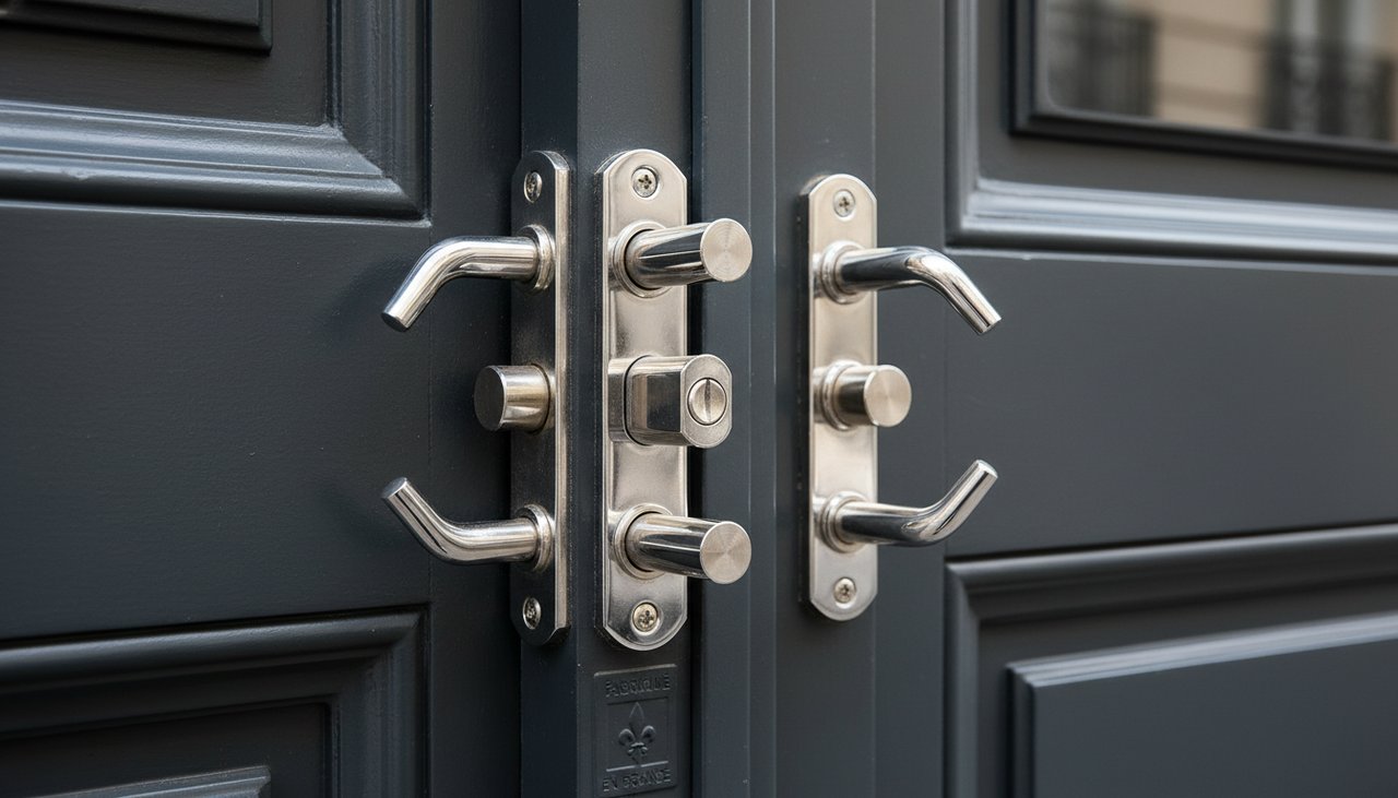 Serrure multipoints 5 points installée sur une porte d'entrée blindée, finition chromée, gros plan