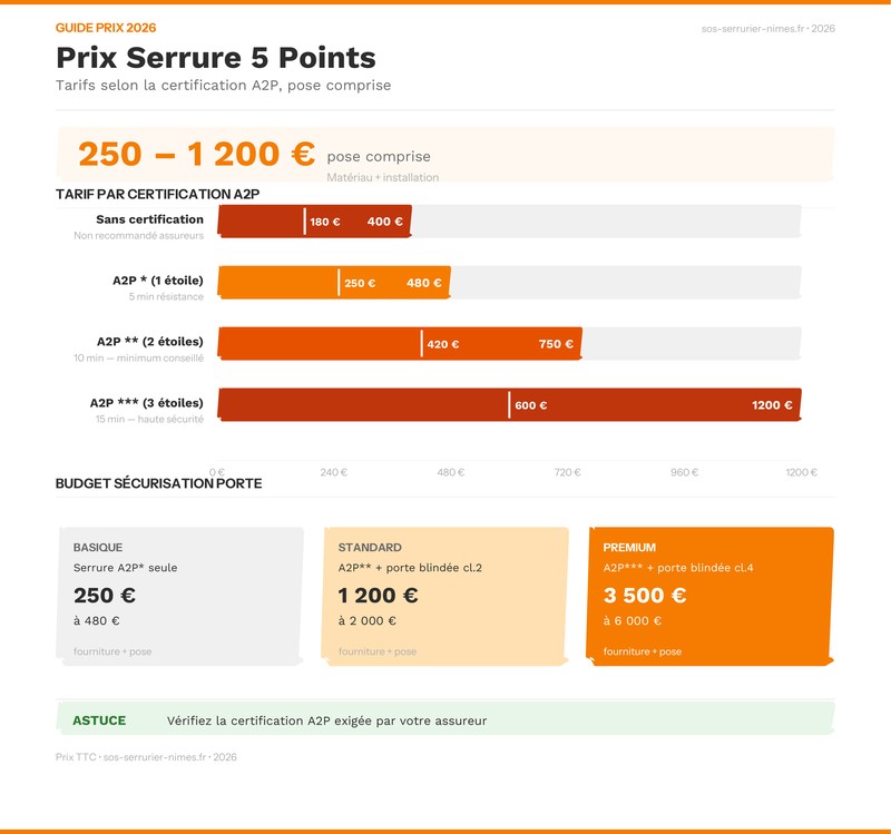 Infographie prix serrure 5 points selon la certification A2P, comparatif 2026