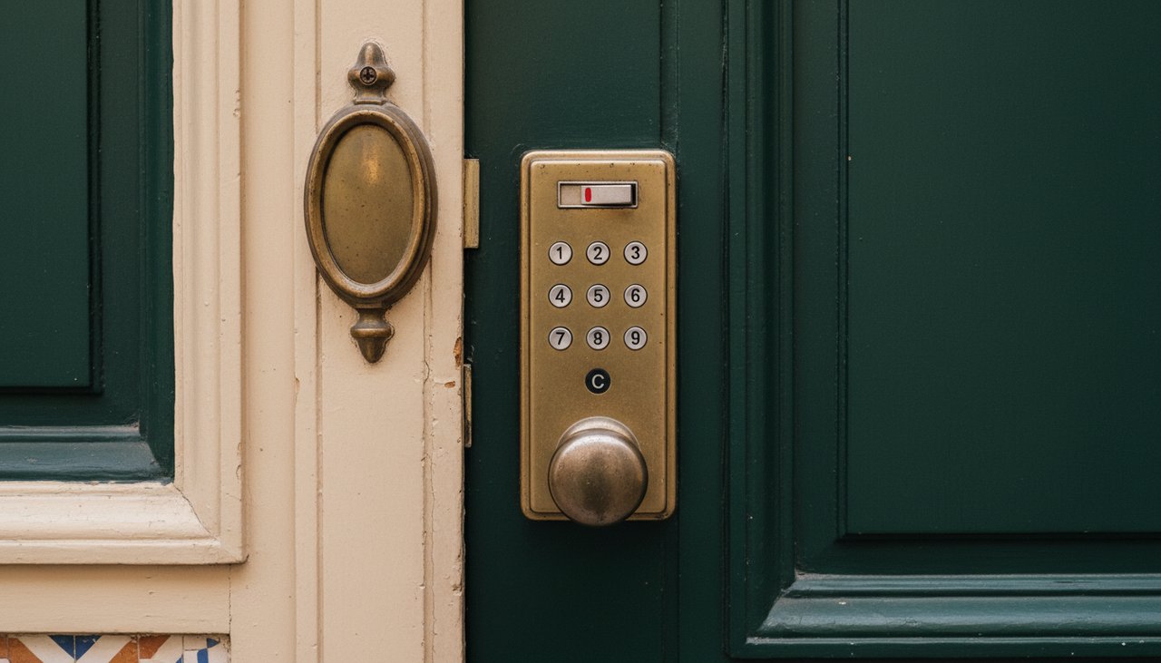 Serrure à code mécanique Digicode sur porte de hall d'immeuble en acier