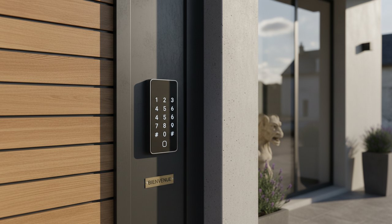 Serrure à code électronique avec clavier numérique sur porte d'entrée moderne