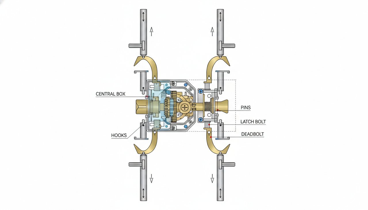 Coupe technique d'une serrure à larder 5 points avec tringles verticales et coffre central
