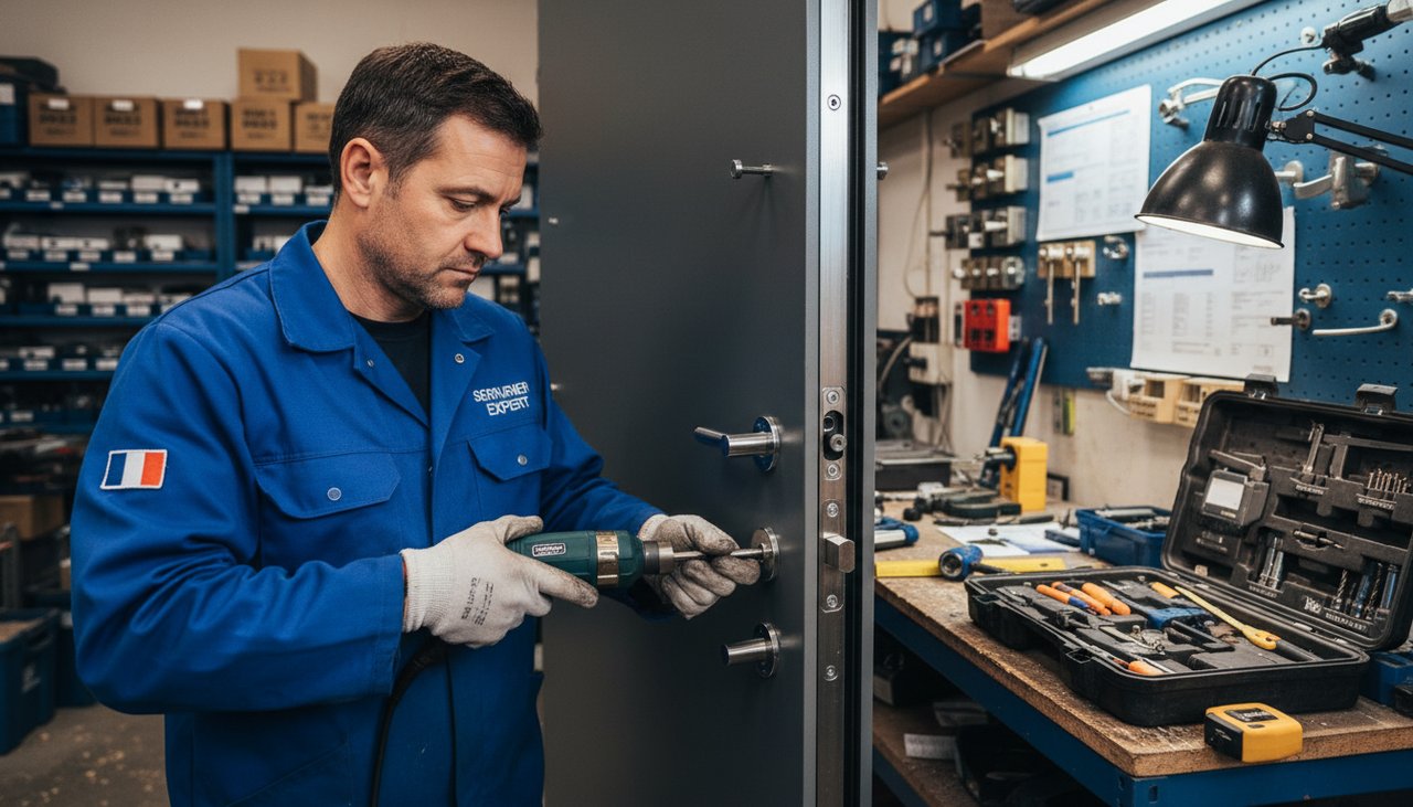 Serrurier professionnel installant une serrure à larder multipoints sur porte blindée avec outillage spécialisé