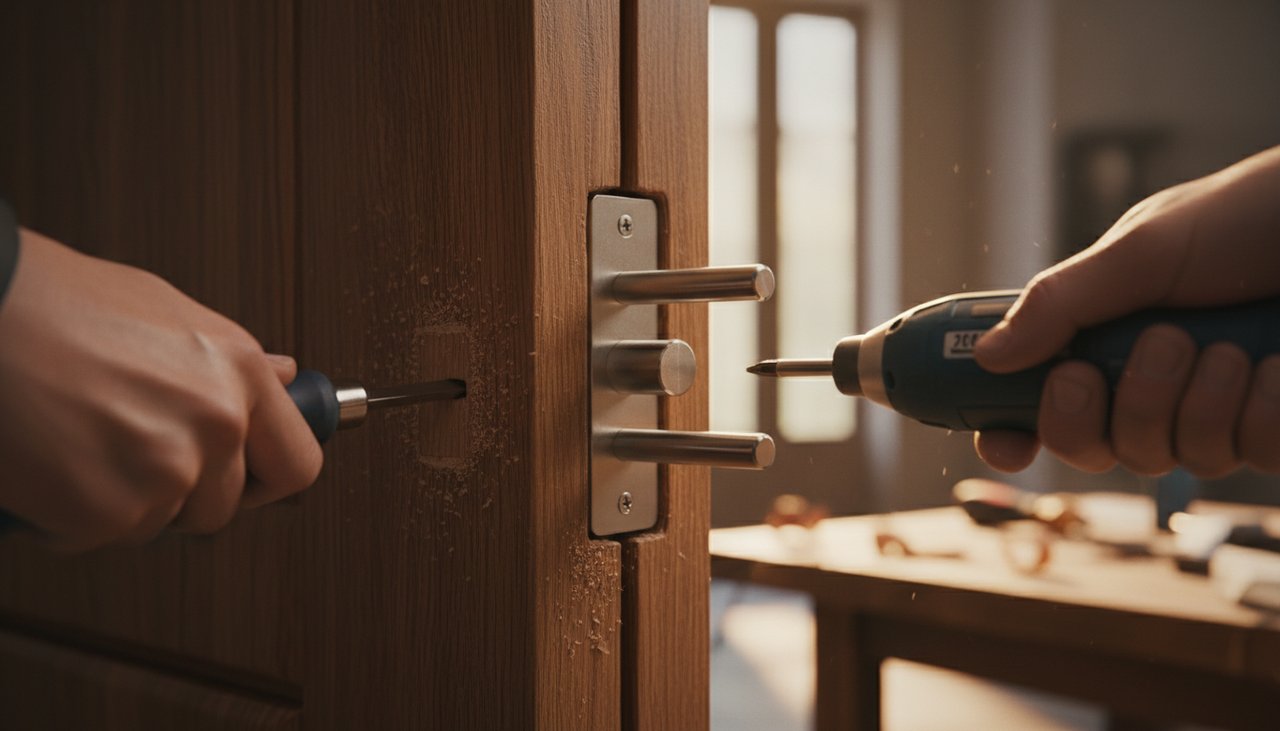 Serrure à larder multipoints 5 points en cours d'installation sur porte d'entrée en bois massif