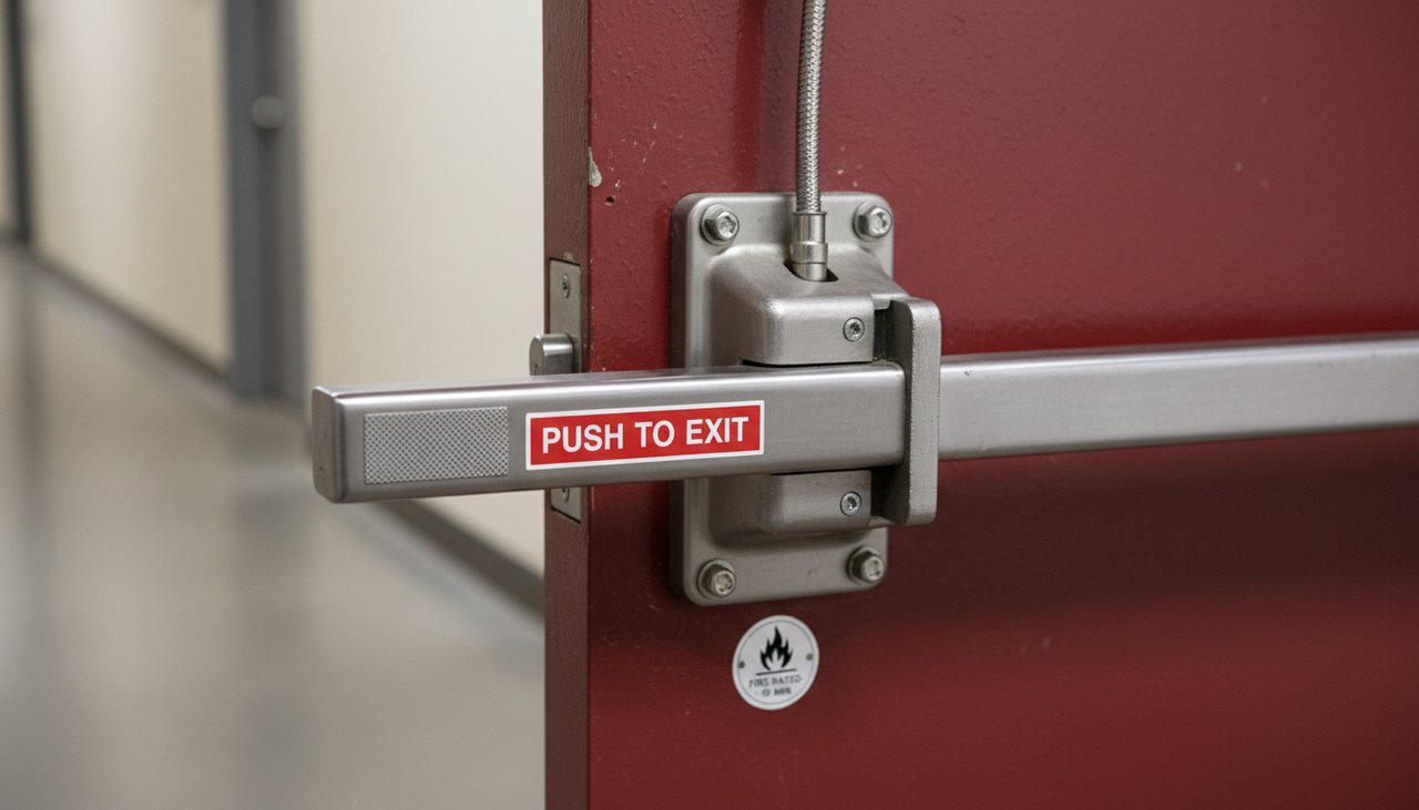 Detail mecanisme serrure antipanique avec barre horizontale et coffre en applique sur porte coupe-feu