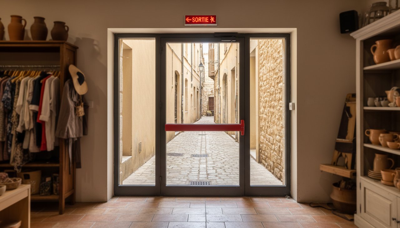Sortie de secours d un magasin a Nimes equipee d une barre antipanique rouge et signalisation lumineuse