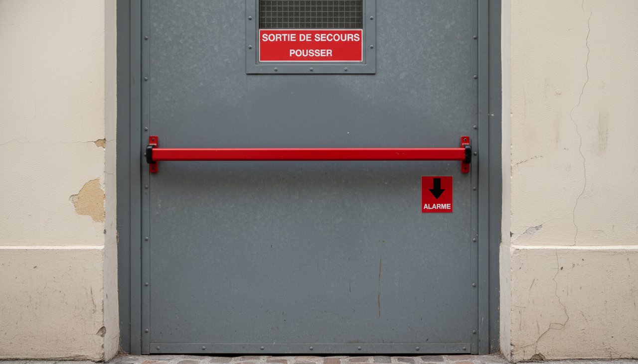 Serrure antipanique installee sur une porte de sortie de secours metallique avec barre horizontale rouge
