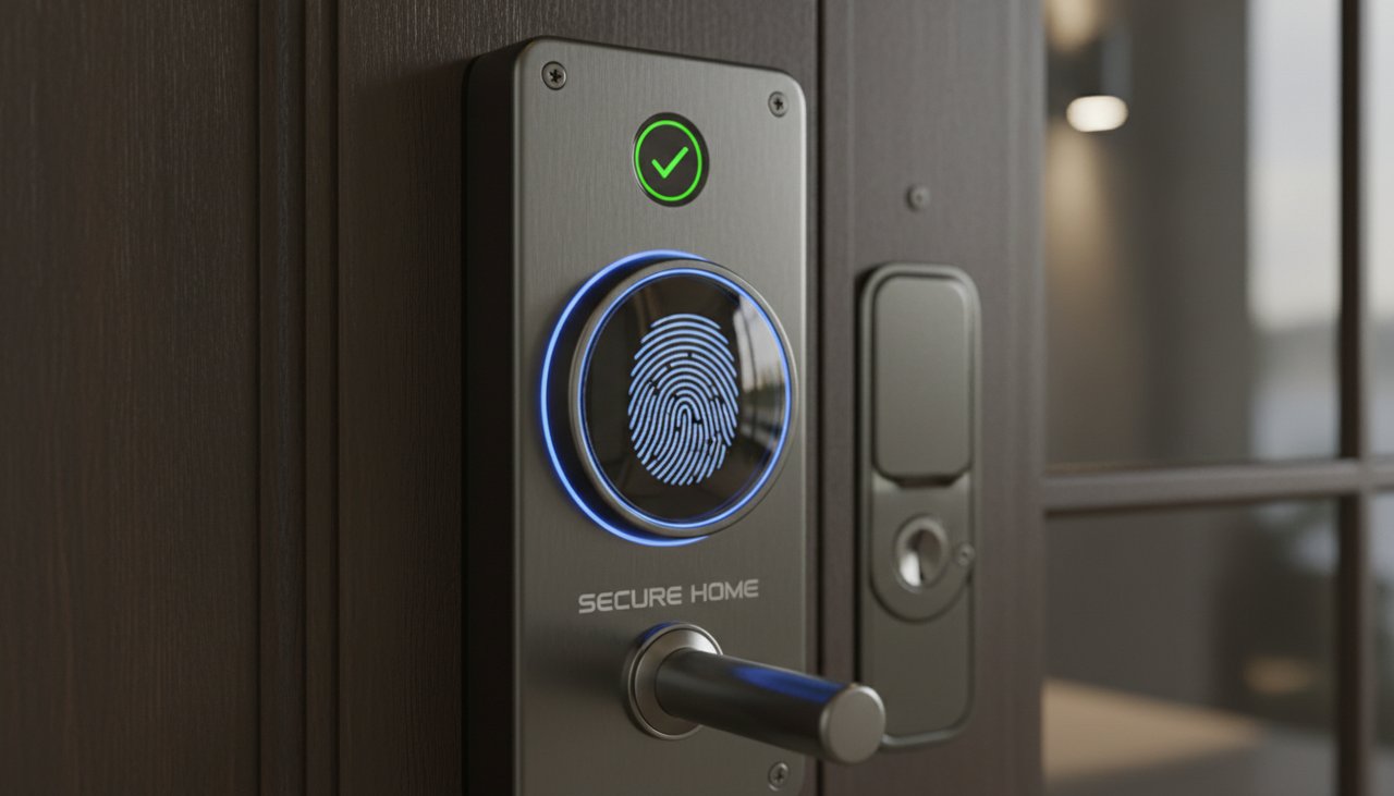 Lecteur d'empreinte digitale sur une serrure connectée haut de gamme pour porte d'entrée