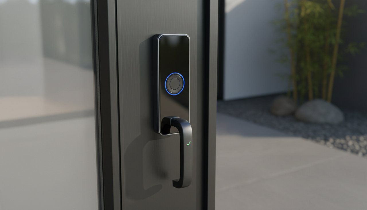 Serrure biométrique à empreinte digitale sur porte d'entrée en aluminium moderne