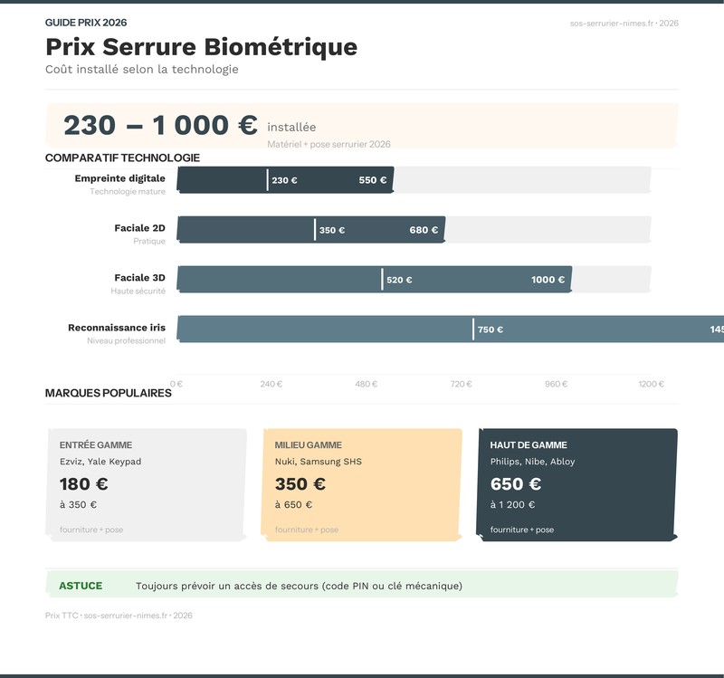 Infographie comparatif prix et sécurité serrures biométriques 2026