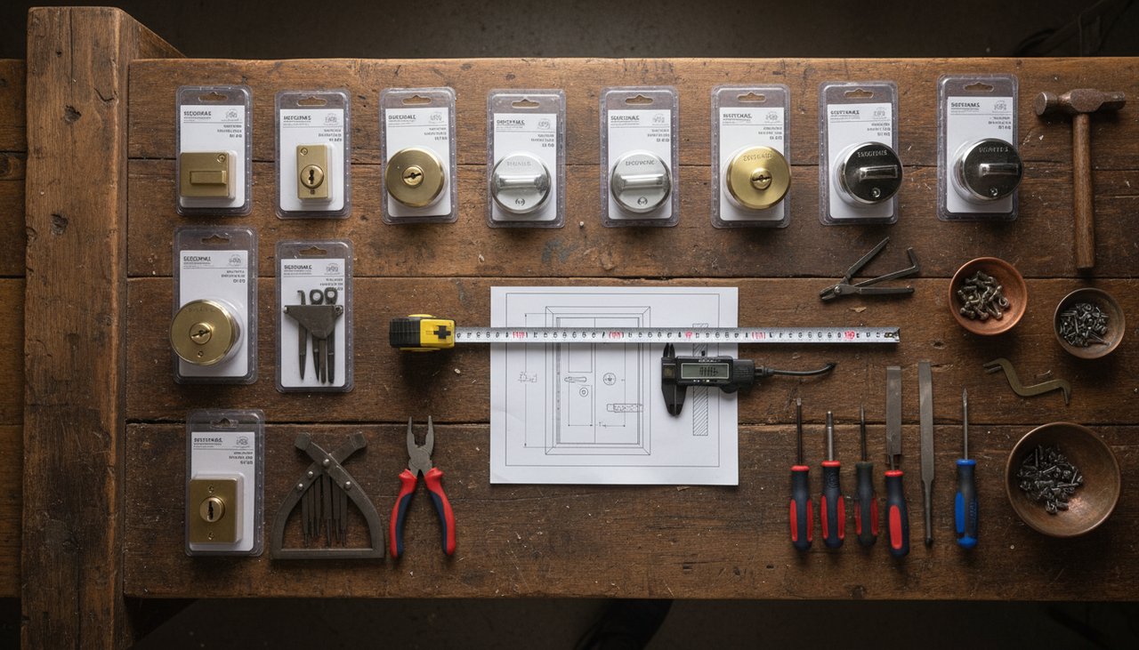 Établi de serrurier professionnel avec plusieurs serrures en applique neuves dans leur emballage outils et mètre disposés proprement sur bois de travail