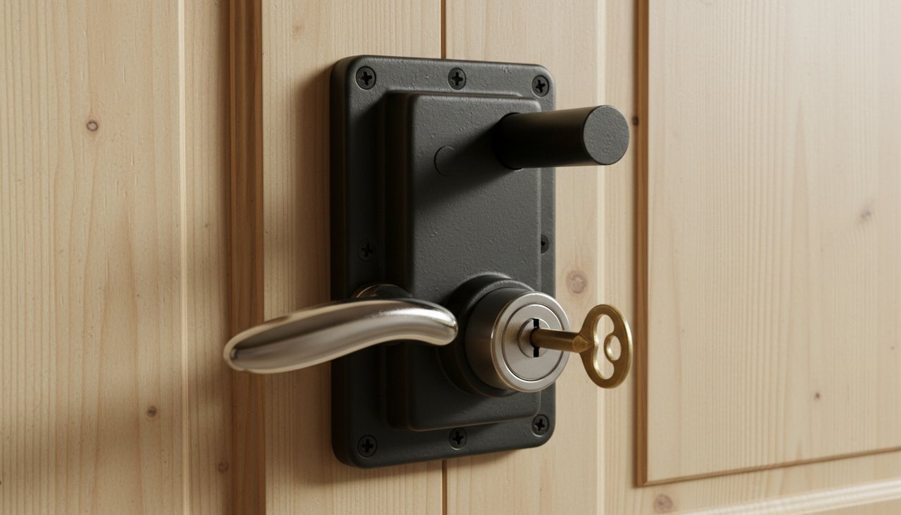 Serrure en applique en acier noir monté sur une porte en bois clair avec clé insérée dans le barillet et poignée assortie, gros plan photo réaliste