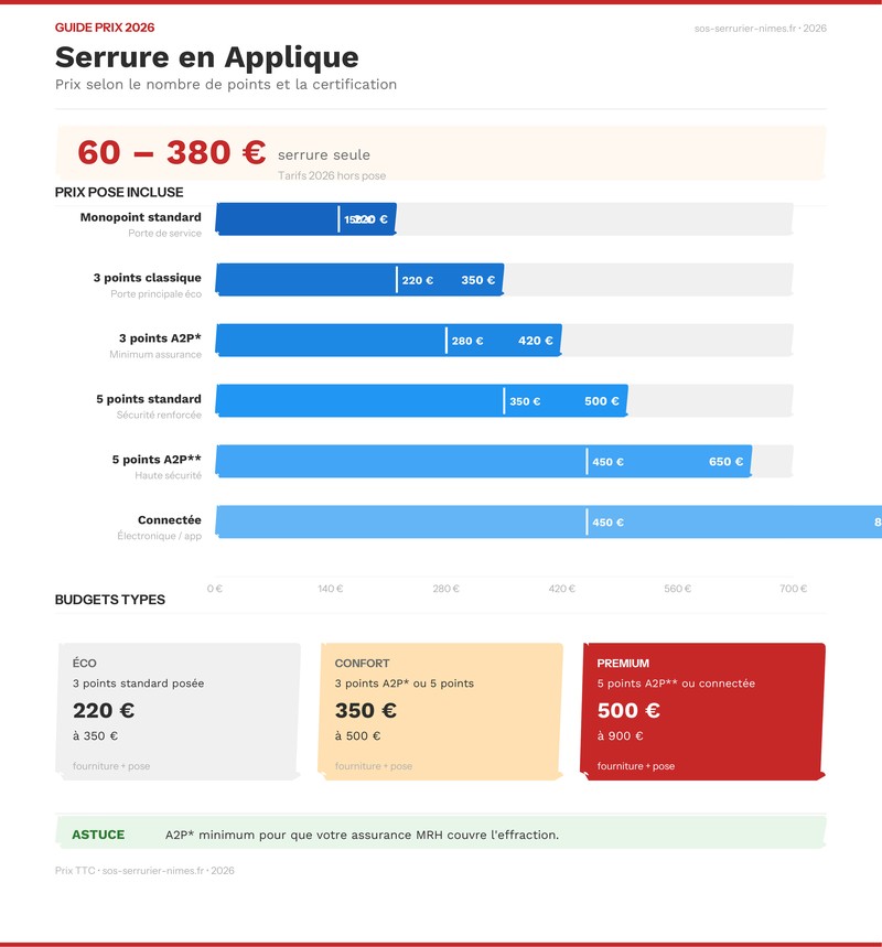 Infographie comparative des prix de serrures en applique selon le nombre de points et la certification A2P en 2026