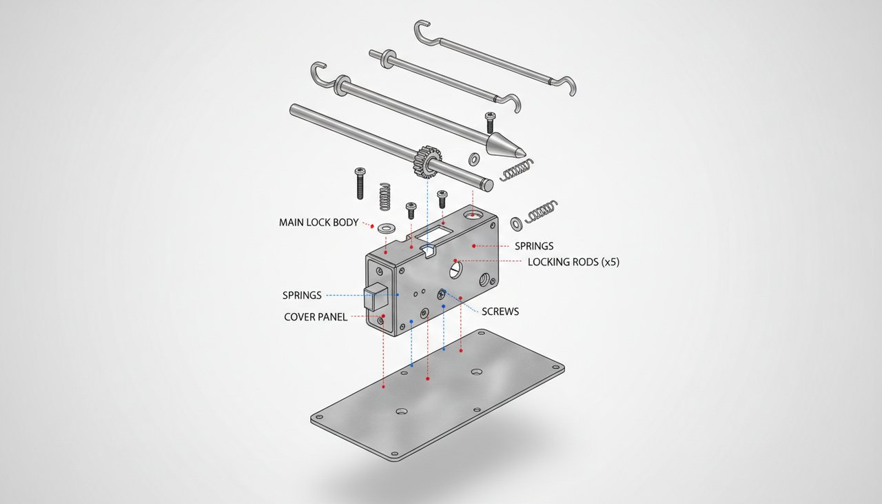 Vue éclatée d'une serrure carénée 5 points avec capot et tringles