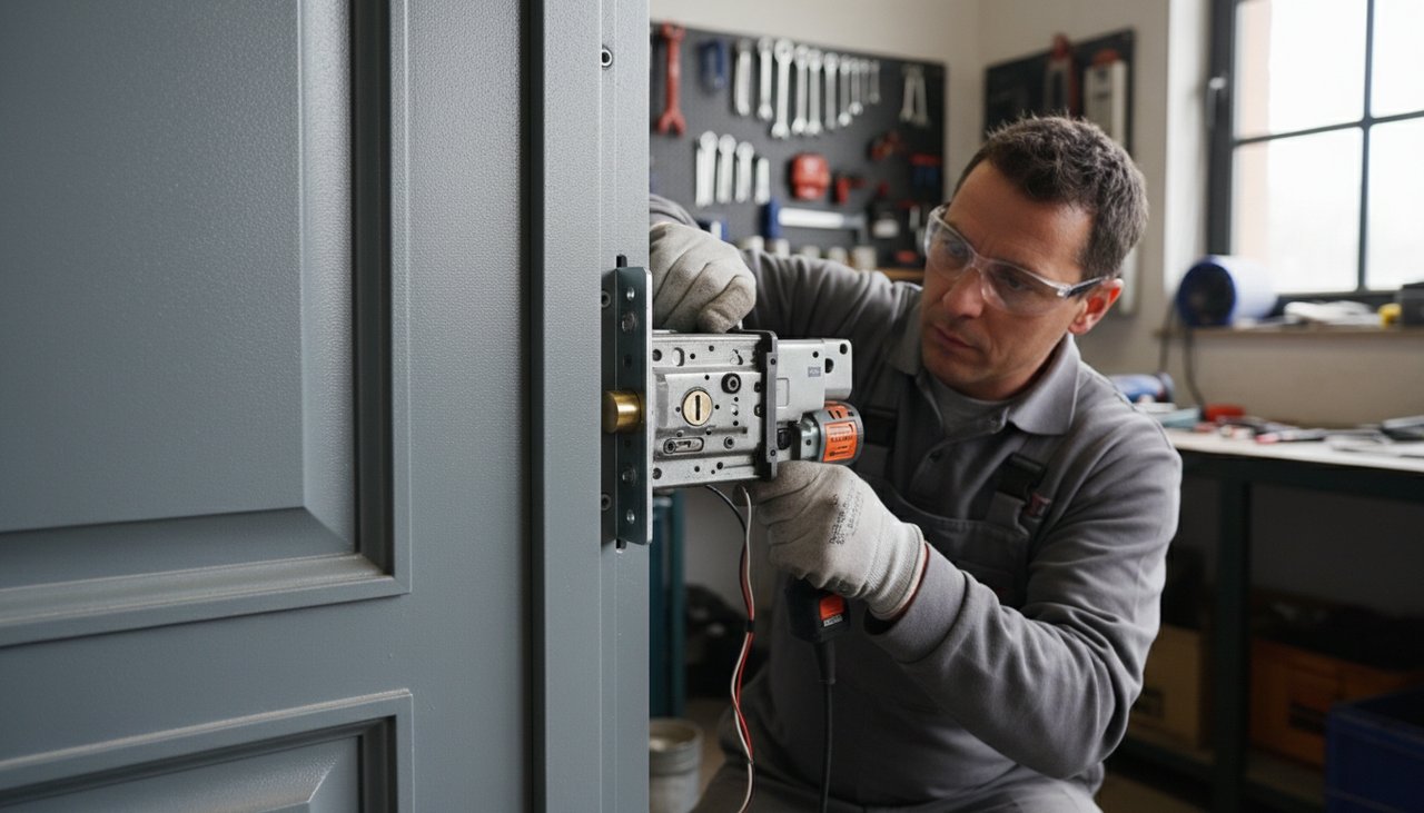 Serrurier installant une serrure carénée Picard sur une porte blindée