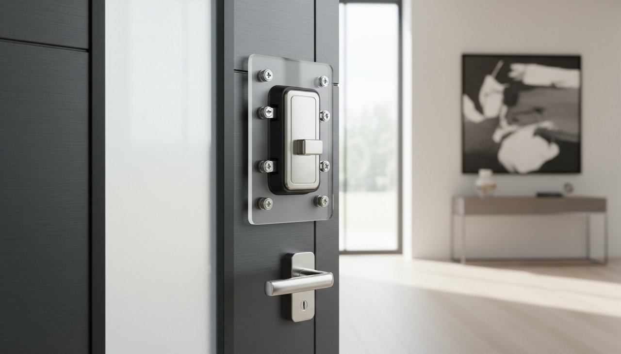 Serrure carénée multipoints sur porte d'entrée moderne en France