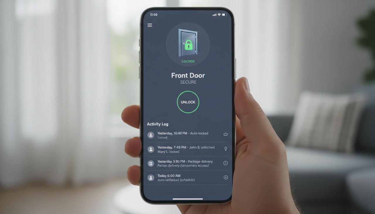 Application mobile de serrure connectée montrant l'état de la porte et l'historique des accès