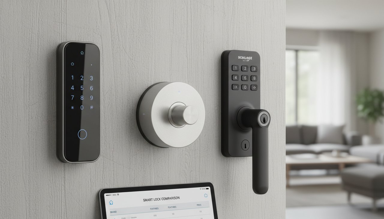 Comparatif de trois serrures connectées posées côte à côte : Nuki, Yale et Tedee, vue de face