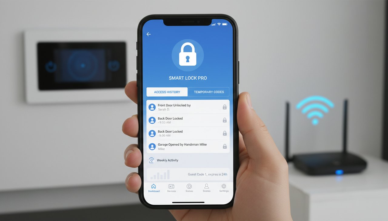 Application smartphone de gestion de serrure connectée montrant l'historique des accès et les codes temporaires