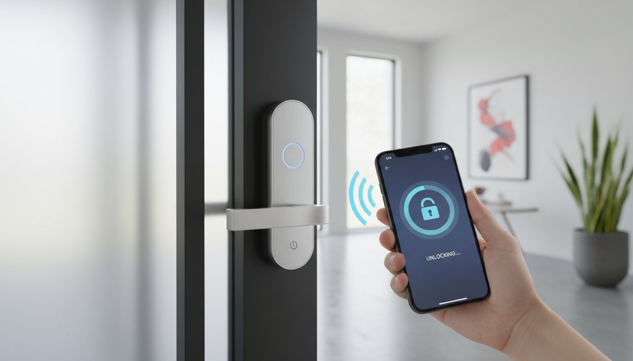 Serrure connectée intelligente sur porte d'entrée, déverrouillage par smartphone