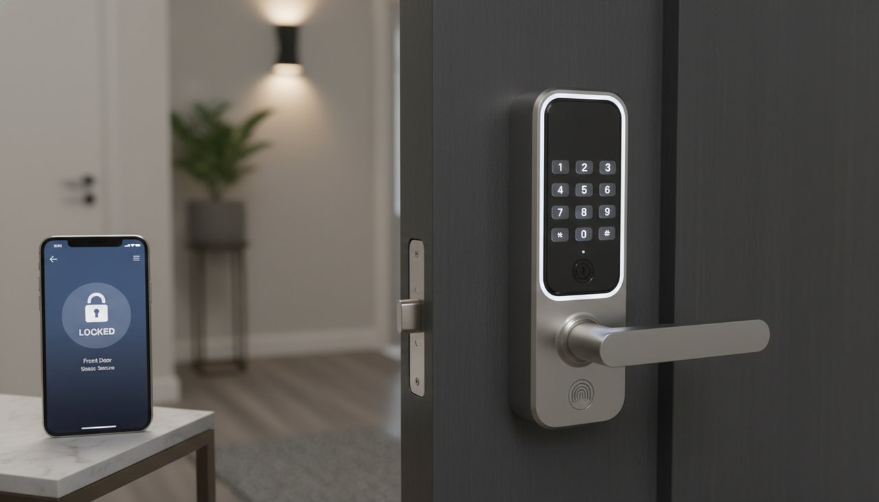 Serrure connectée avec pavé numérique installée sur une porte d'entrée moderne, smartphone à proximité